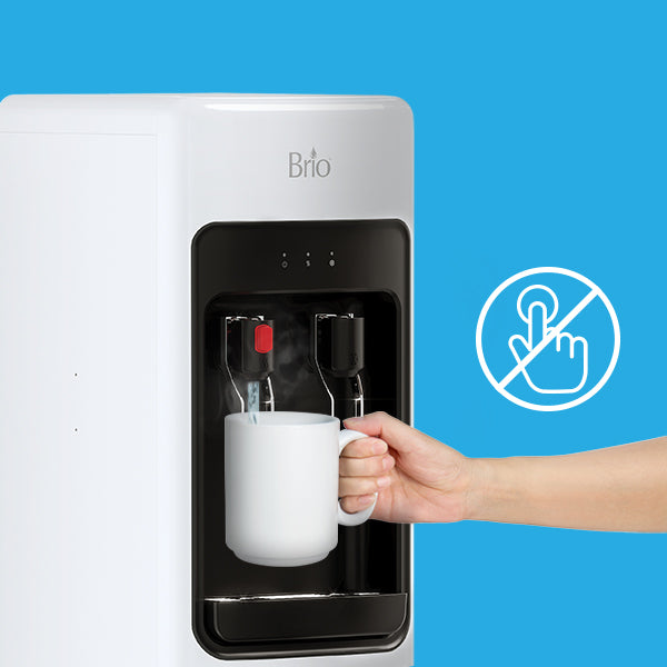 A hand holds a white mug under the spout of a water dispenser. Next to the dispenser is an icon of a hand with a line through it, indicating no touch. The background is solid blue.